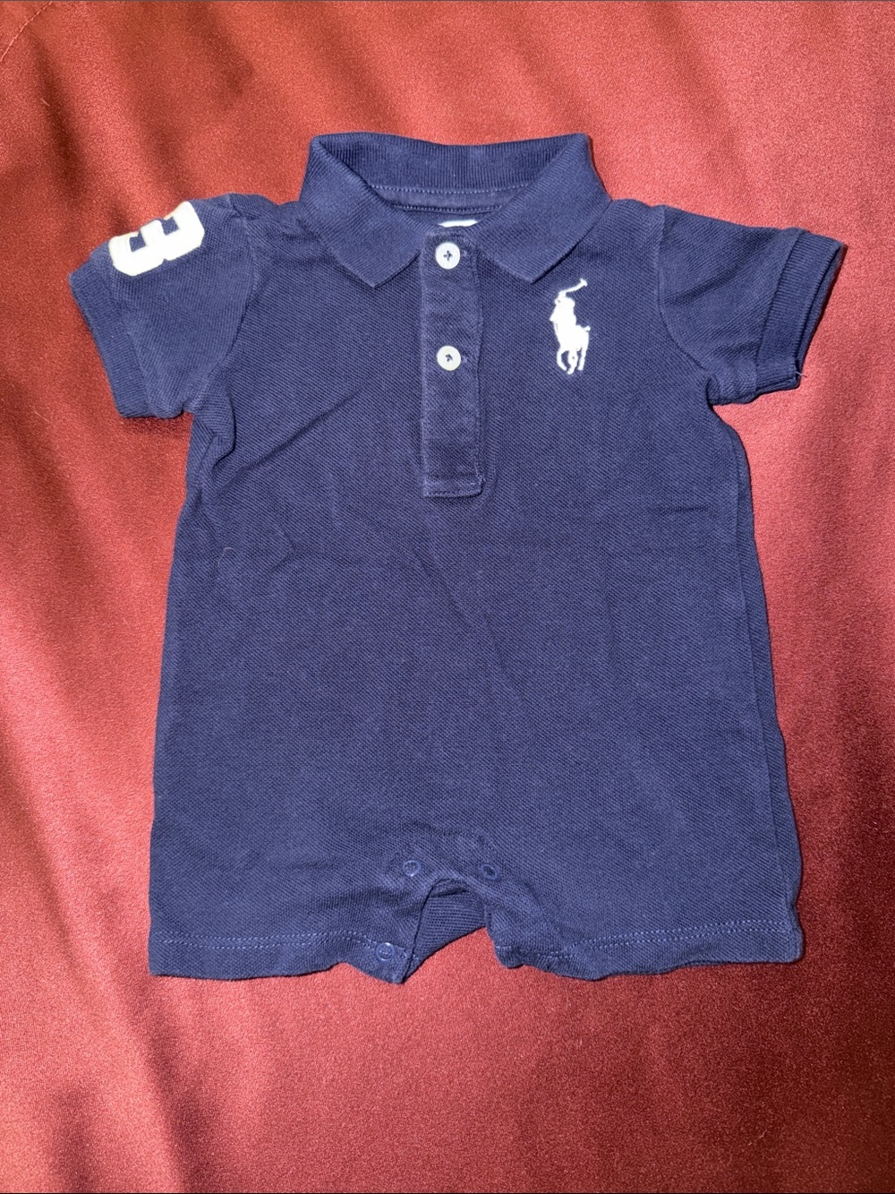 Ralph Lauren Baby 3M Navy Baby Polo Romper with White Logo